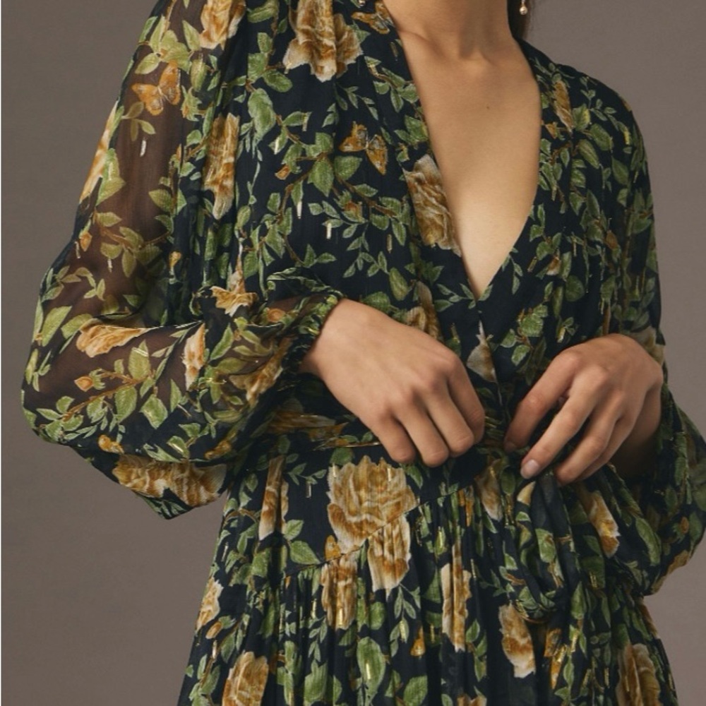Anthropologie Floral Midi Dress - Black and Green